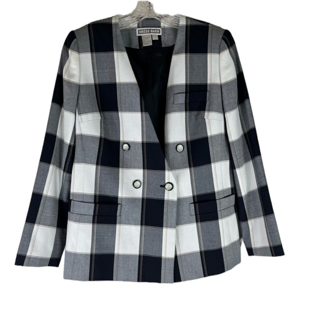 Dress Barn Blazer Women’s Navy White Plaid 80s Jacket Double Breasted 2 Button 6